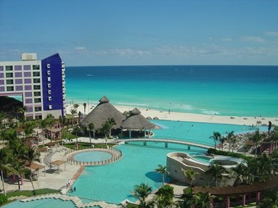 View from the top of the Westin Lagunamar in Cancun's famous Hotel Zone with the turquoise Caribbean in the background.