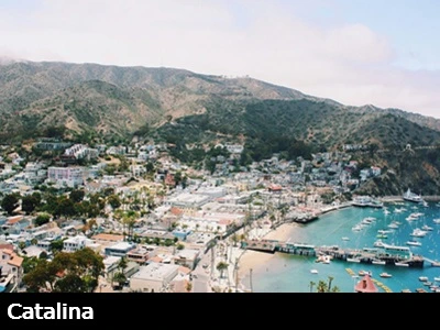 View looking over Catalina's Avalon Harbor wand pier showing the calm protected water