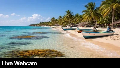 Live, close up view of the white sand beach, turquoise Caribbean with panga boats pulled up on the shoreline of Akumal beach.