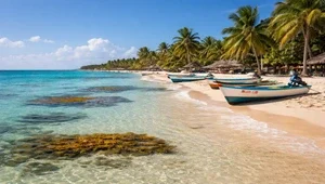 Live, close up view of the white sand beach, turquoise Caribbean with panga boats pulled up on the shoreline of Akumal beach.