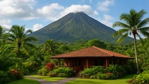 Beautiful view of Costa Rica's Arenal Volcano and the surrounding lush green jungle.