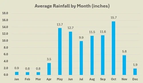 Bajos del Toro average rainfall by month.