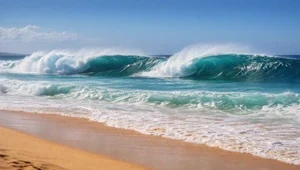 A large, windblown wave breaks on a golden sand beach in Oahu, Hawaii.