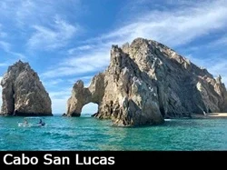 Turquoise water meets the arch landmark at the very tip of Baja California