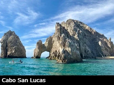 Turquoise water meets the arch landmark at the very tip of Baja California