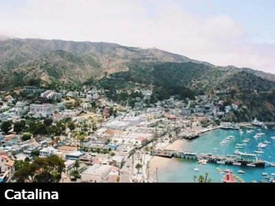 View looking over Catalina's Avalon Harbor wand pier showing the calm protected water