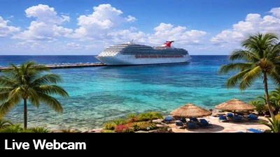 Live view of the cruise ship port and the beautiful Caribbean Sea in the background.