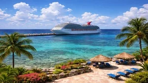 Live view of the cruise ship port and the beautiful Caribbean Sea in the background.