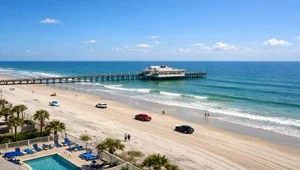Live view of the beach and Atlantic Ocean from the top of the Hilton Daytona Beach Hotel.