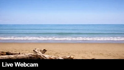 Live view of the beach and beautiful Pacific Ocean as waves break against the shoreline.