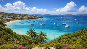 Live view of beautiful Cruz Bay from the Grand Bay Resort in St John USVI.