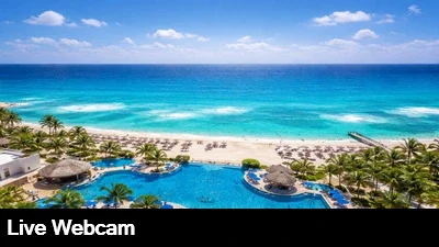 Live view from the top of the Grand Park Royal looking out over the pool, beach and Caribbean.