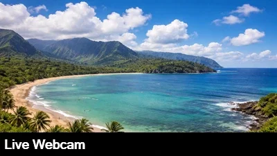 Beautiful view from the surrounding hills looking out over the bay with surf breaking on the reef.