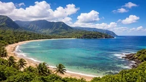 Beautiful view from the surrounding hills looking out over the bay with surf breaking on the reef.