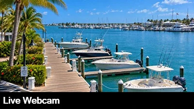Live view of the boat slips and harbor from the Harborside Marina in Key West, Florida.