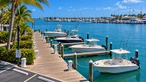Live view of the boat slips and harbor from the Harborside Marina in Key West, Florida.