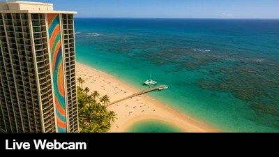 View from the top of the Hilton looking down on the coral reef, beach and Pacific Ocean.