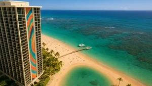 View from the top of the Hilton looking down on the coral reef, beach and Pacific Ocean.