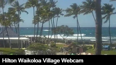 Live view of the swimming lagoon with the ocean in the background at the Hilton Waikoloa Village