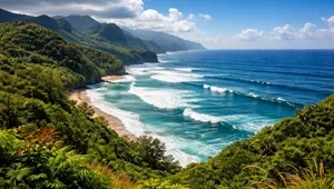 Live view of the ocean and lush vegetation in Princeville Kauai, Hawaii.