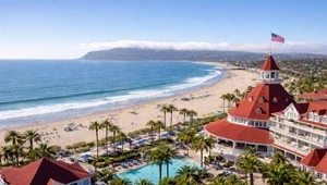 Live view of the beach from the Hotel del Coronado with Point Loma in the background.