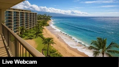 Live view of the beach and ocean from the top of the Kahana Beach Resort.