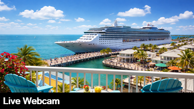 Live view of the Key West cruise ship port along with all of the activity on the pier.