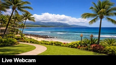 Live view from the Lawai Beach Resort webcam looking out over the entrance to the resort and the ocean.