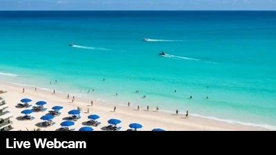 Live view from the top of the Live Aqua Resort looking down on the beautiful white sand beach and turquoise Caribbean Sea.