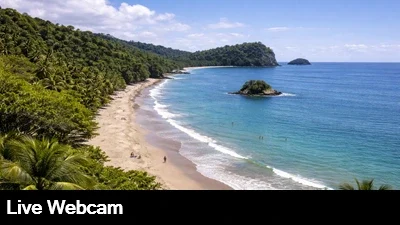 Live view from Espadilla Beach looking out over the beach and ocean towards Manuel Antonio National Park.
