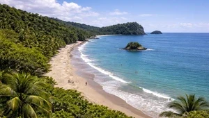 Live view from Espadilla Beach looking out over the beach and ocean towards Manuel Antonio National Park.