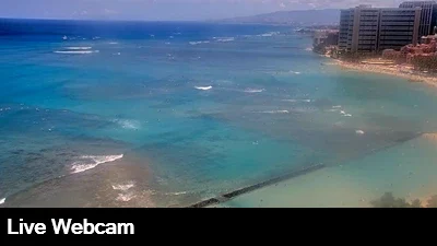 View from the top of the Marriott Waikiki looking down on the breakwater and Waikiki beach.