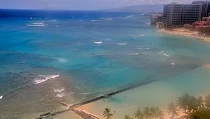 View from the top of the Marriott Waikiki looking down on the breakwater and Waikiki beach.