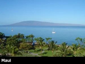 View of the calm Pacific ocean from the Westin Ocean Resort Villas in Kaanapali Maui Hawaii