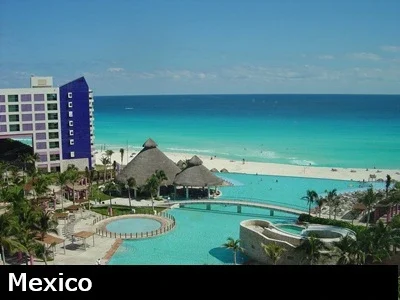 View of the beautiful Westin Lagunamar Resort and Spa in Cancun with turquoise colored Caribbean in the background