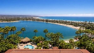 Beautiful live view looking down on the bay with Mission Beach in the background.