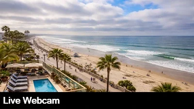 Live close up view of the beach and boardwalk from the Pacific Terrace Hotel in Pacific Beach, California.