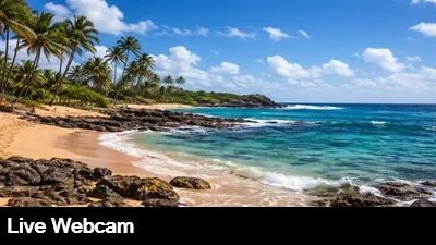 Live view of the waves crashing against the rocks on the point adjacent to Poipu beach is Kauai Hawaii.