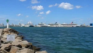 Live view of the harbor with the cruise ship port in the background.