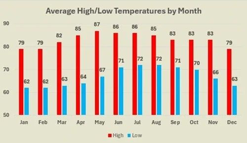 Puerto Vallarta average high and low temperatures by month