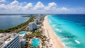 Beautiful view of the Caribbean and Hotel Zone from The Krystal Hotel in Cancun, Mexico.