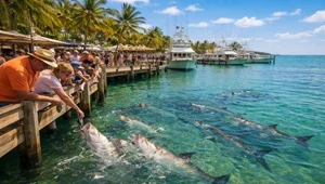 Live view of tarpon swimming around the dock and being fed by visitors.