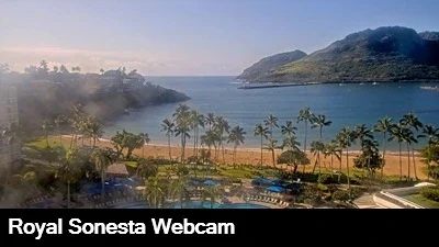 Live view overlooking the Royal Sonesta Resort pool with the ocean in the background