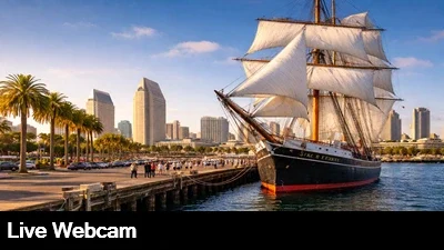 Live view of San Diego's embarcadero with downtown in the background.