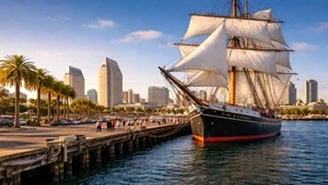 Live view of San Diego's embarcadero with downtown in the background.