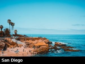 View of San Diego's La Jolla cove as the Pacific ocean meet the cliffs and a protected beach