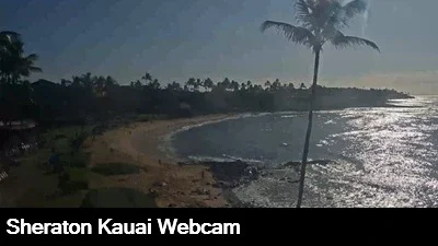 View of the beach and rocky shore from the Sheraton Kauai webcam.