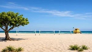 Beautiful live view of the beach, volleyball courts and ocean. This is the perfect sunset webcam.