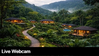 Live view of the lush tropical rainforest and walking trails that surround the Silencio Lodge and Spa in beautiful Costa Rica.