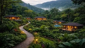 Live view of the lush tropical rainforest and walking trails that surround the Silencio Lodge and Spa in beautiful Costa Rica.